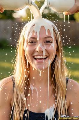 Blonde hair on a laughing woman in a sunny yard as white milk pours over her head