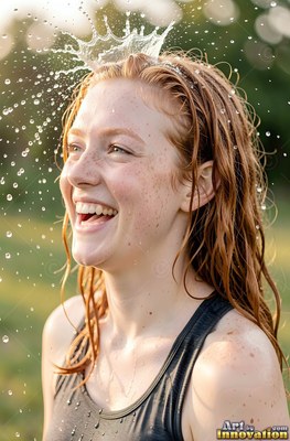 Facing sideways outside, a laughing woman finds herself water splashed on her red hair