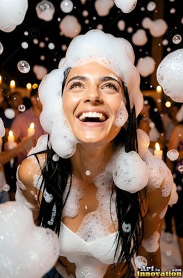 At a candlelit night party, a woman laughing gets covered in white foam bubbles