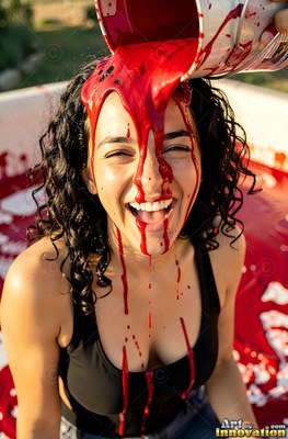 Laughing outdoors, a woman gets thick red paint poured over her dark curls