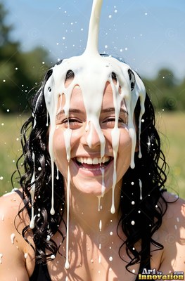 Cheerful woman outdoors with milk poured on her head