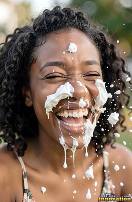 Curly dark hair frames a laughing woman outdoors in bright daylight as cream hits her face