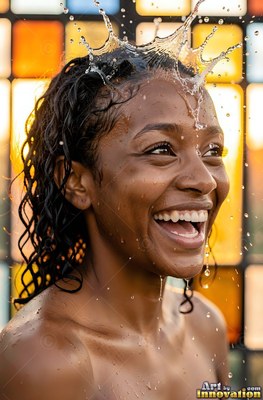 A woman with a smile laughs as clear water splashes on her head in warm amber light