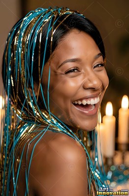Turned over her shoulder indoors, a woman breaks into laughter under blue tinsel streamers