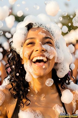 A giggling woman with dark curly hair gets covered in white foam bubbles outdoors