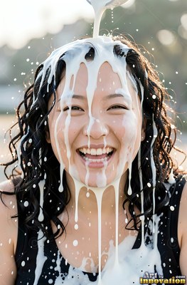 Laughing outdoors, a dark-haired woman gets splashing white milk poured over her head