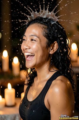 Wearing a black tank top beside burning candles, a woman laughing finds herself water splashed over her head