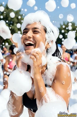 Looking up outdoors, a chuckling woman ends up covered in white foam bubbles