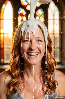In a sunlit church, a red-haired woman giggles as white milk pours over her head