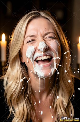 Laughing with eyes shut, a blonde woman has plain white cream splattered on her face