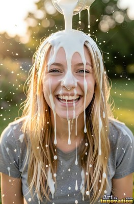 A smiling blonde-haired woman getting white milk poured over her head outdoors