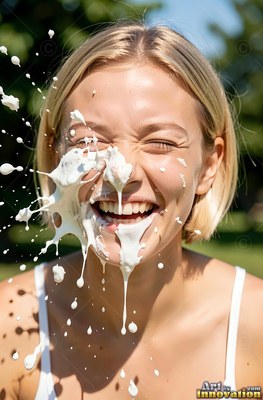 Short blonde hair frames a chuckling woman outdoors as plain white milk splashes across her face in the sun
