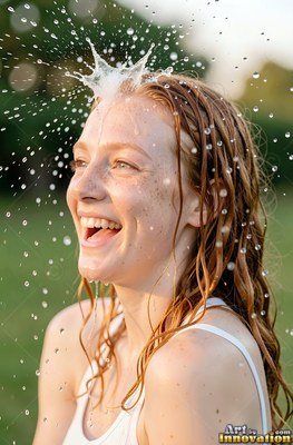 A smiling redhead woman ends up splashed on the head with water outdoors in warm sunlight