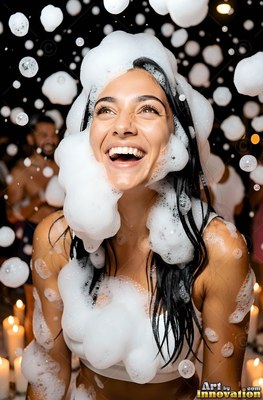 A giggling woman looks up as thick white foam falls all over her hair and face