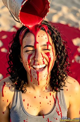 On a sunny beach, a woman giggles as thick red paint is poured over her head