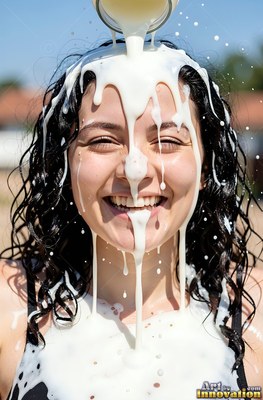Laughing in bright daylight, a woman gets white milk poured over her dark hair