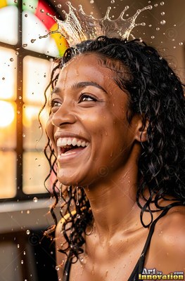 Dark curly hair soaks as water crowns a woman laughing by an arched window