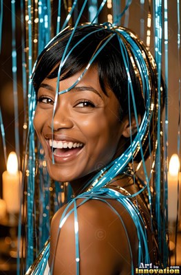 A woman breaks into laughter as shiny blue tinsel falls over her hair in warm candlelight