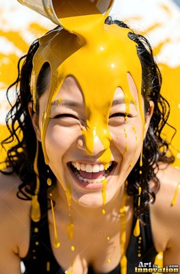 A giggling woman has thick yellow paint poured directly over her head in bright sunlight