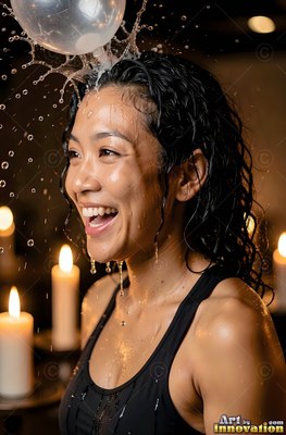A laughing woman getting a water balloon popped on her head