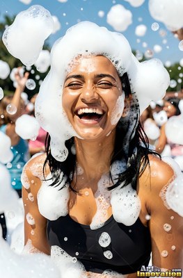 A woman in laughter gets covered in white foam under bright outdoor sunlight