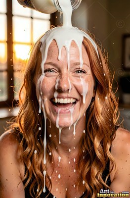 A freckled woman breaks into laughter as splashing white milk pours straight down over her red hair