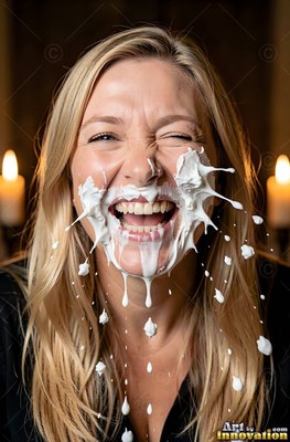 In a dim room, a blonde woman breaks into laughter with thick white cream splashed on her face