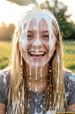 Laughing in a sunny field, a blonde-haired woman has plain white milk poured over her face