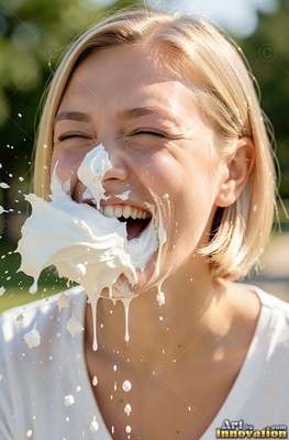 A fair-haired woman breaks into laughter as plain white cream splashes across her face outdoors