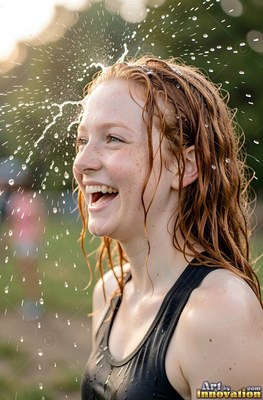 A woman in laughter with wet red hair in a black tank top gets splashed outdoors in the sun
