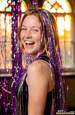 A smiling woman looks back as shiny purple tinsel drapes over her hair in warm light