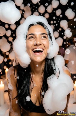 Looking upward in a dark room, a smiling woman gets splashed by white foam