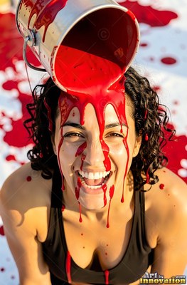 A woman smiling gets red paint poured on her head from a metal bucket