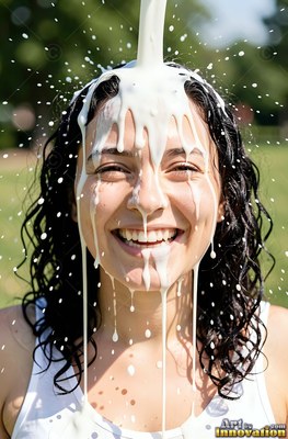 In a sunny park, a woman with a smile is splashing white milk poured over her dark hair