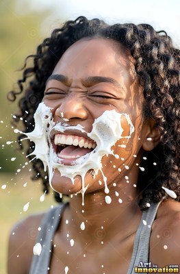 Laughing outdoors in the bright sun, a woman gets splashed across the face with cream