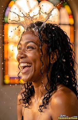 Chuckling woman finds herself splashed on the head with water