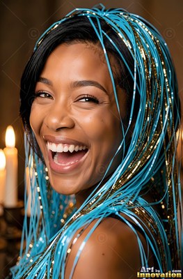 Shiny blue and gold tinsel draped over her hair, a laughing woman sits by warm candlelight