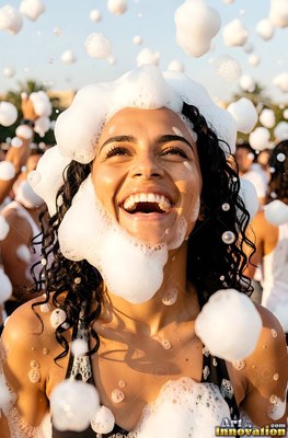 A cheerful woman looks up as white foam falls over her face in warm sunlight