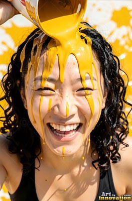 Facing front outdoors, a smiling woman is yellow paint poured over her head