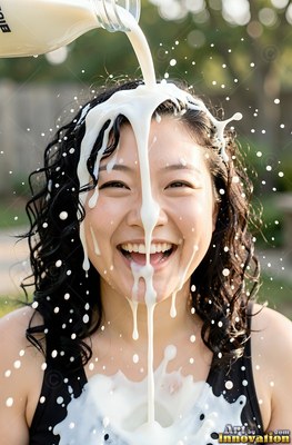 A cheerful woman outdoors in a black tank top gets white milk poured on her head