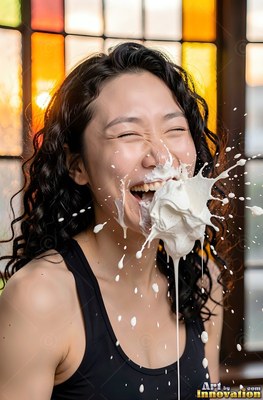 Before a stained-glass window, a woman laughing is thick white cream splashed in her face