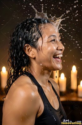 Laughing by candlelight, a wet woman in a black tank top gets splashed with water