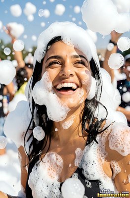 Dark wet hair frames a woman laughing covered in white soap bubbles outdoors under the sun