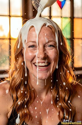 A smiling freckled woman gets milk poured over her head in warm window light