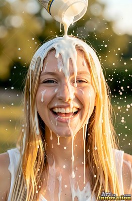 A laughing blonde woman gets thick milk poured over her head in the sun