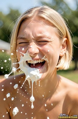 Outdoors in sunlight, a blonde-haired woman laughs as white cream splashes her face