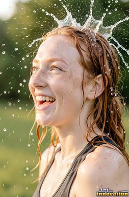 Laughing in the sun, a freckled woman gets hit with water splashing over her red hair