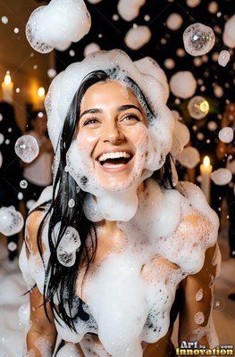 Dark hair clings to a grinning woman covered in white soap bubbles at a warm, lit party