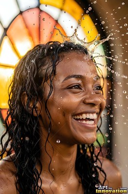 In front of a stained glass window, a cheerful woman ends up splashed with water