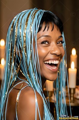 Laughing near lit candles, a smiling woman wears blue and gold party streamers on her hair